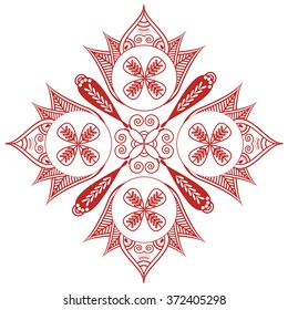Asian culture inspired  wedding makeup  henna tattoo decoration Shape with oval diagonal elements in white, red  floral decoration  symbolizing happiness, love and spiritual life , zen , inner peace
