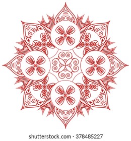 Asian culture inspired  wedding makeup  henna tattoo decoration floral shape with leaves in red and red symbolizing happiness, love and spiritual life, zen , inner peace, feng shui 
