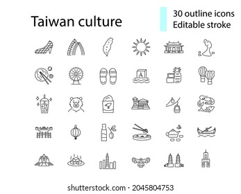 Asian culture outline icons set. Taiwanese attributes. Taiwan features. Editable stroke. Isolated vector illustration