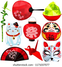 Asian culture set colorful low poly designs isolated on white background. Vector japanese stuff illustration. Collection of local Japan traditional celebrations and everyday things in modern style.