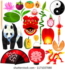 Asian culture set colorful low poly designs isolated on white background. Vector chinese stuff illustration. Collection of local China traditional celebrations and everyday things in modern style.