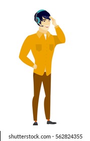 Operador de servicio al cliente asiático con auriculares con micrófono. Largo de los jóvenes operadores de servicio al cliente en auriculares con micrófono. Ilustración de diseño plana vectorial aislada en fondo blanco.