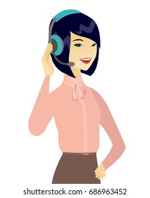 Operador de servicio al cliente asiático con auriculares con micrófono. Joven operador de servicio al cliente con auriculares con micrófono. Ilustración de diseño plana vectorial aislada en fondo blanco.
