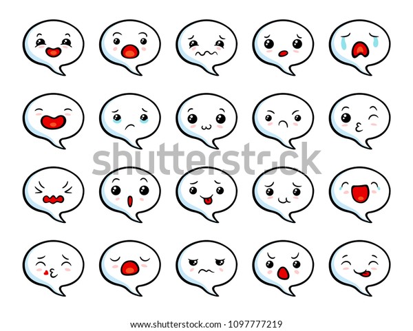 アジアのかわいい絵文字 日本人の絵文字のかわいい顔 幸せで悲しそうな表情のシンボル 笑顔 泣く 悲しい 怒る 笑う 愛する 白い背景にベクターフラットスタイルの漫画イラスト のベクター画像素材 ロイヤリティフリー