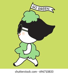 Asian Cute Girl In Tree Costume With Her Go Green Sign Above Her Head Concept Card Character Illustration