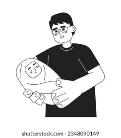 Asian dad holding newborn baby monochromatic flat vector characters. Eyeglasses father with wrapped infant. Editable thin line people on white. Simple bw cartoon spot image for web graphic design