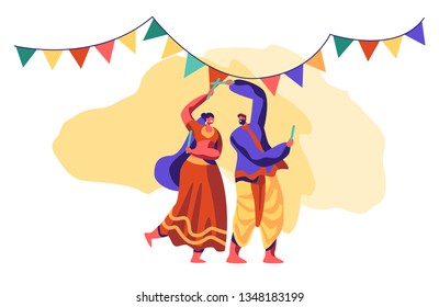 Asian Dance at National Festival in India. Traditional Dancing Show. People Dancer Performing Folk Choreography at Ceremonial Performance. Ethnic Festive Clothing Flat Cartoon Vector Illustration