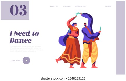 Asian Dance at National Festival in India Landing Page. Classical Dancing Show. Man Dancer Performing Choreography at Ceremonial Performance Website or Web Page. Flat Cartoon Vector Illustration
