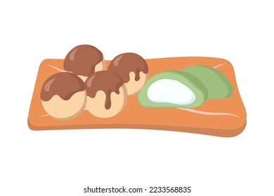 Ddango asiático y dulces mochi sobre un plato de madera. ilustración vectorial