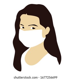 Asian dark blonde woman wearing white protective mask, vector ilustration. White background. Coronavirus outbreak.