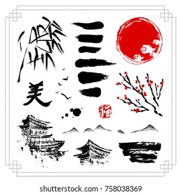 Asian decorative elements on white background. Black hieroglyph translated as Beauty. Red stamp meaning Happiness or Blessing. Rough hand drawn style. Traditional oriental symbols. Vector illustration