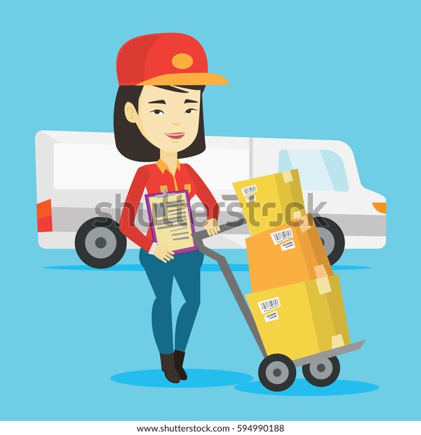 Asian delivery courier with cardboard boxes on\
troley. Young delivery courier holding cardboard clipboard. Courier\
standing in front of delivery van. Vector flat design illustration.\
Square layout.