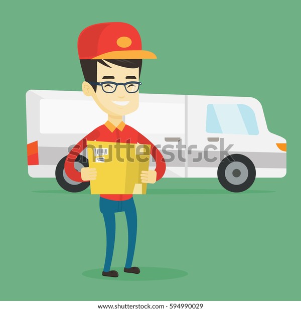 Asian delivery courier holding box on the
background of truck. Delivery courier carrying cardboard box.
Delivery courier with cardboard box in hands. Vector flat design
illustration. Square
layout.
