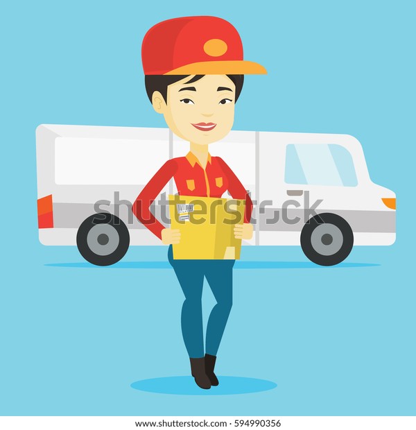 Asian delivery courier holding box on the
background of truck. Delivery courier carrying cardboard box.
Delivery courier with cardboard box in hands. Vector flat design
illustration. Square
layout.