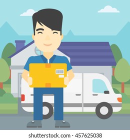 An asian delivery man with box on background of delivery truck. Delivery man carrying cardboard box. Man with a box in his hands. Vector flat design illustration. Square layout.