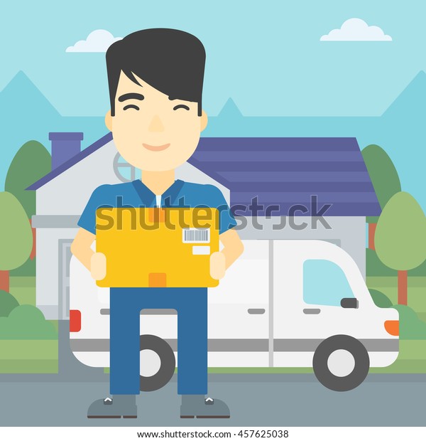 An asian\
delivery man with box on background of delivery truck. Delivery man\
carrying cardboard box. Man with a box in his hands. Vector flat\
design illustration. Square\
layout.