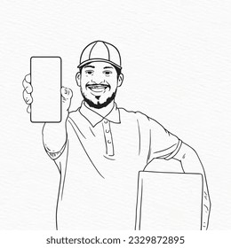 Asian delivery man wearing cap showing mobile and parcel in his hand