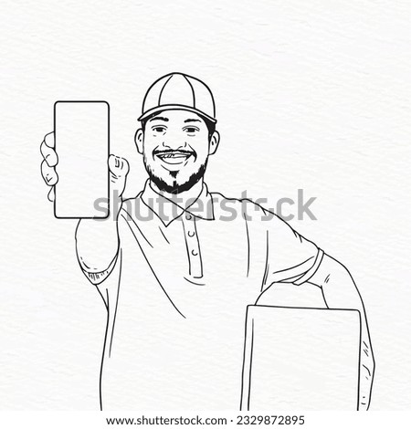 Asian delivery man wearing cap showing mobile and parcel in his hand