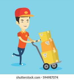 Asian delivery postman with cardboard boxes on trolley. Delivery postman pushing trolley with cardboard boxes. Delivery postman delivering parcels. Vector flat design illustration. Square layout.