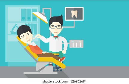 An Asian dentist man examines a patient teeth in the clinic vector flat design illustration. Horizontal layout with a text space.