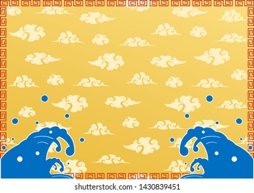 Asian design clouds background with meander pattern and the wave