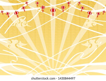 Asian design clouds background with meander pattern and paper lanterns
