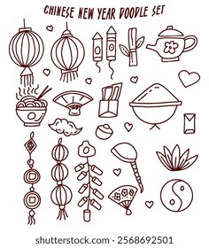 Asian design element set. Doodle Vector decorative collection of patterns, lanterns, flowers , clouds, ornaments in chinese new year