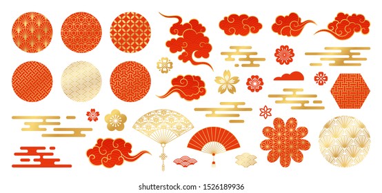 Asian design element set. Vector decorative collection of patterns, lanterns, flowers , clouds, ornaments in chinese and japanese style.