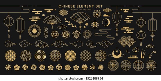 Asian design element set. Vector decorative collection of patterns, lanterns, flowers , clouds, ornaments in chinese and japanese style.