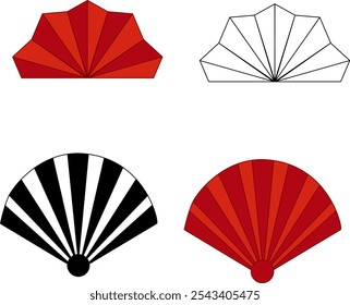 Conjunto de elementos de diseño asiático. colección decorativa de Vector de los fans en la historieta. estilo chino y japonés. ilustración gráfica de los fans rojos
