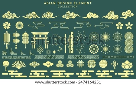 Asian design element set. Vector decorative collection of patterns, lanterns, flowers , clouds, ornaments in chinese and japanese style.