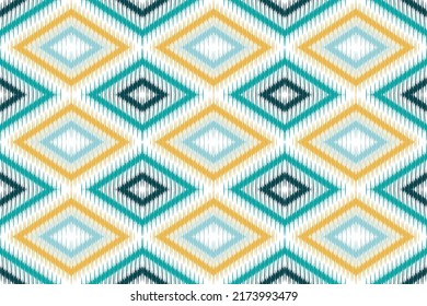 Asiatische Design nahtlose ikat-Muster, Vintage ethnische nahtlose Muster mit blauen und gelben Blumen dekoriert. Design für Hintergrund, Tapete, Stoff, Teppichboden, Webbanner, Packpapier. Stickerei 