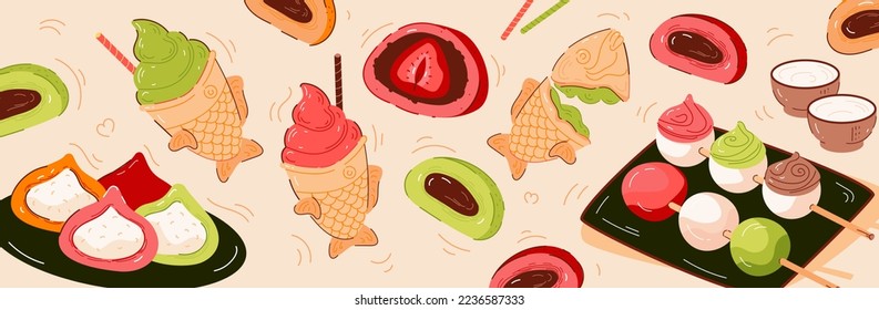 Pancarta de postres asiáticos. Cocina asiática con platos variados. Ilustración del vector