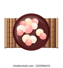 Asian dessert. Rice flour balls on porcelain plate. Chinese food. Vector flat drawn illustration for restaurant dishes, menu, sweet, cooking concept