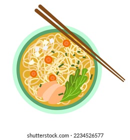 Asian dish illustration. Noodles with chicken, carrots and onions.