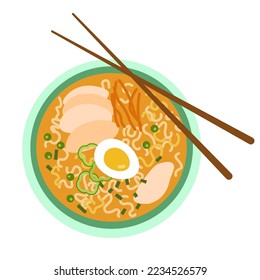 Asian dish illustration. Noodles with chicken, carrots, egg and onions. View from above.
