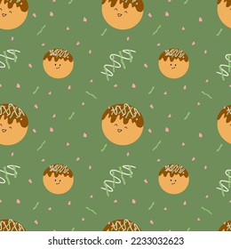 Asian dish - takoyaki. Octopus balls. Japanese kitchen. Cute character. Seamless doodle illustration. Fabric design, wrapping paper or background. Vector