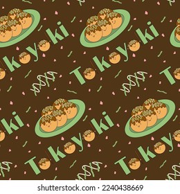 Asian dish - takoyaki. Octopus balls. Japanese kitchen. Cute character. Seamless doodle illustration. Fabric design, wrapping paper or background. Vector