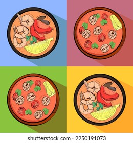 Asian dish tom yum on colored backgrounds