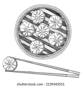 Asian dishes. Hand-drawn illustration of Bamboo Steamer with Mandu. Vector. Ink drawing. 