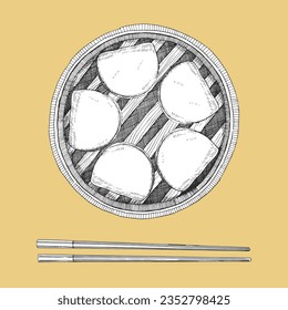 Platos asiáticos. Ilustración hecha a mano de Bamboo Steamer con Boa-Bao. Vector. Dibujo de tinta. 