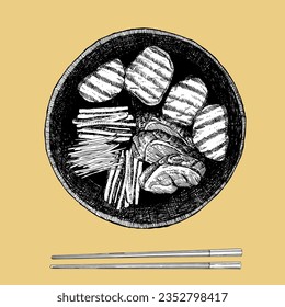 Asian dishes. Hand-drawn illustration of Grilling Meat. Korean barbecue. Vector. Ink drawing. 