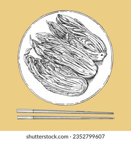 Asian dishes. Hand-drawn illustration of Kimchi. Vector. Ink drawing. 
