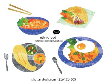 Asian dishes, watercolor painting illustrations