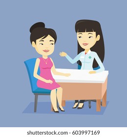 Asian doctor consulting patient in office. Doctor talking to patient. Doctor communicating with patient about her state of health. Health care concept. Vector flat design illustration. Square layout.