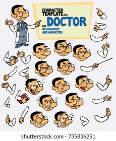 Asian doctor. Face and body elements, parts of body template for design work and animation. Vector illustration to Isolated and funny cartoon character.