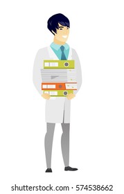 Asian doctor in medical gown holding pile of folders and papers. Full length of doctor with folders. Young doctor with folders and files. Vetor flat design illustration isolated on white background.