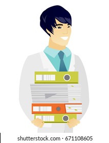 Asian doctor in medical gown holding pile of folders and papers. Young doctor with folders and files. Vetor flat design illustration isolated on white background.