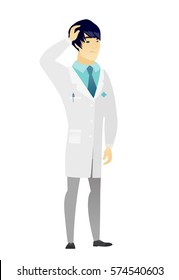 Asian doctor in medical gown scratching his head. Full length of thoughtful doctor scratching head. Puzzled doctor scratching his head. Vector flat design illustration isolated on white background.