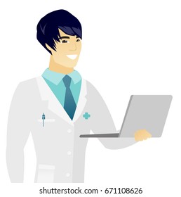 Asian doctor in medical gown using a laptop. Young smiling doctor working on a laptop. Cheerful doctor holding a laptop. Vector flat design illustration isolated on white background.